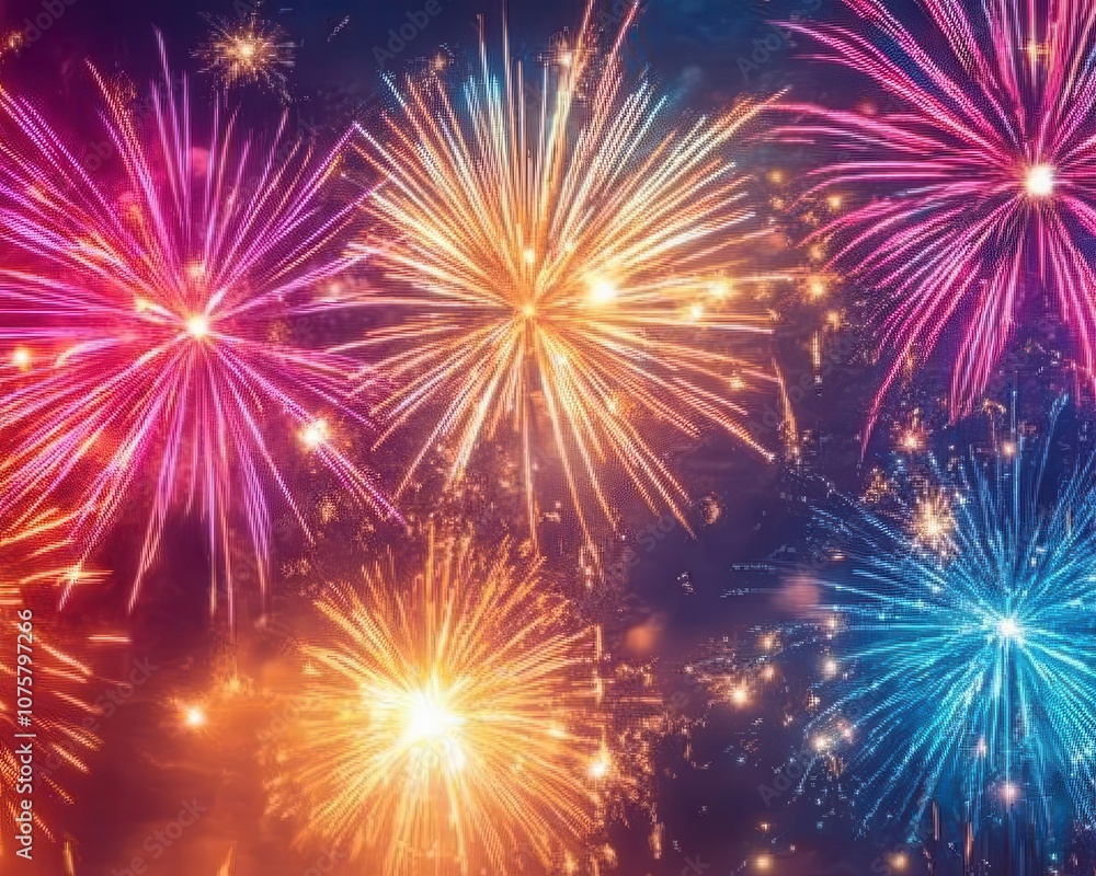 Fototapeta premium New Years outdoor fireworks with vibrant lighting, soft glow, festive night sky