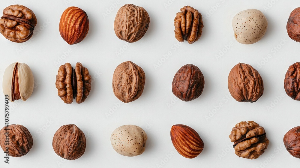 An array of nuts is displayed on a white background, consisting of five shells An array of nuts is displayed on a white background, consisting of five shells