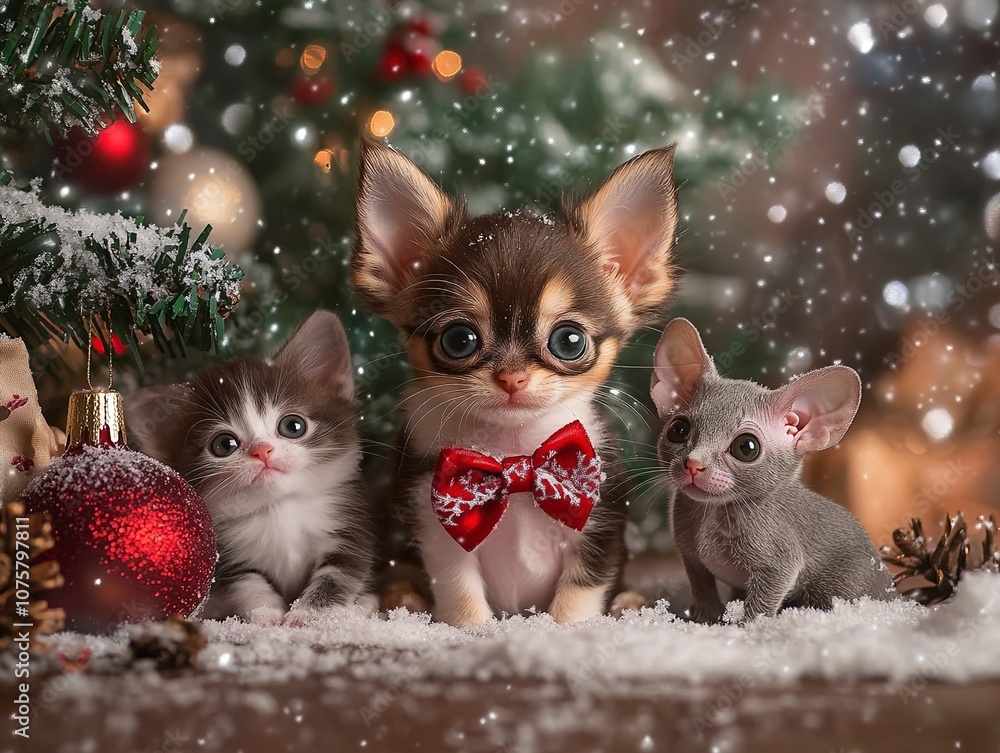 Three Adorable Pets Under the Christmas Tree Three Adorable Pets Under the Christmas Tree