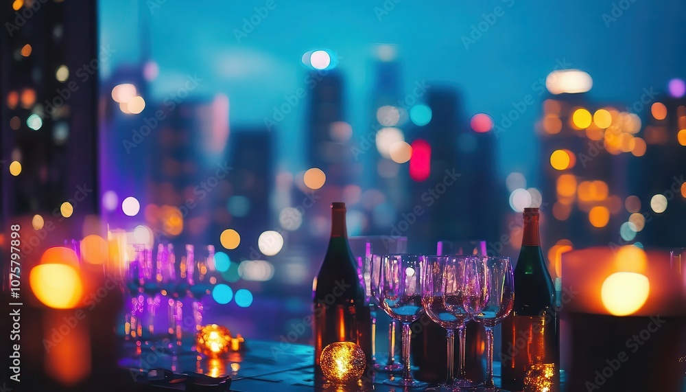 New Years rooftop party with vibrant city skyline, dynamic energy, festive atmosphere New Years rooftop party with vibrant city skyline, dynamic energy, festive atmosphere