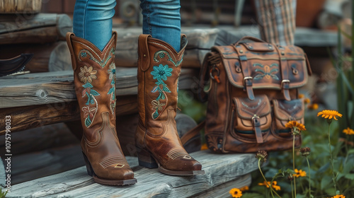 woman in blue jeans and brown leather boots standing on wooden porch. Close-up of boots and patterned backpack.