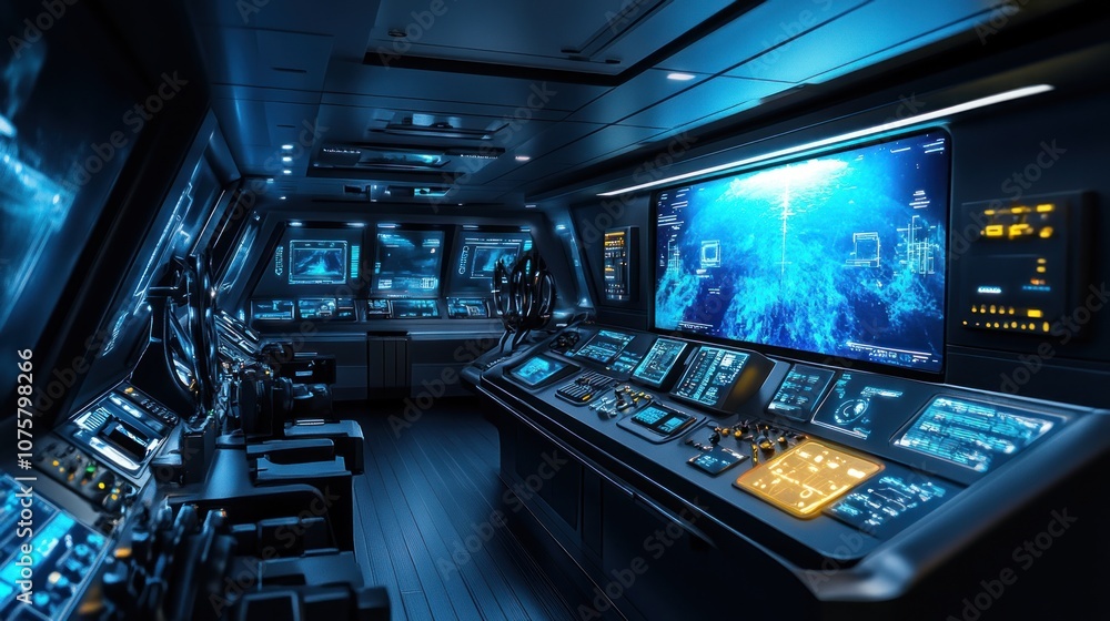 Futuristic bridge of a spaceship with a holographic display of a planet in the background. Futuristic bridge of a spaceship with a holographic display of a planet in the background.