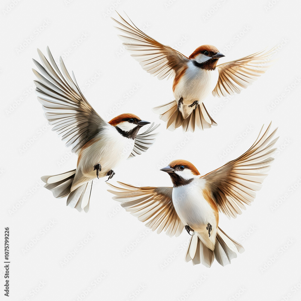 Realistic Illustration of Isolated Birds in Flight with Detailed Feathers and Elegant Wing Movement on a Clean White Background Realistic Illustration of Isolated Birds in Flight with Detailed Feathers and Elegant Wing Movement on a Clean White Background