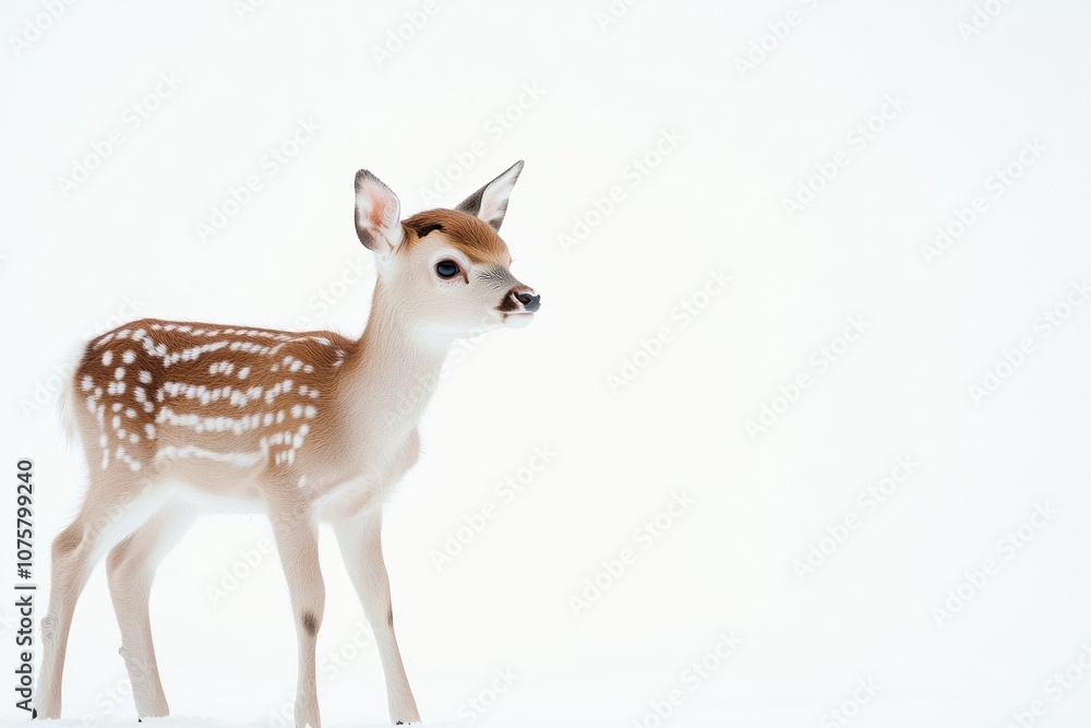 the beside view baby Fallow Deer standing, left side view, low angle, white copy space on right, Isolated on White Background the beside view baby Fallow Deer standing, left side view, low angle, white copy space on right, Isolated on White Background