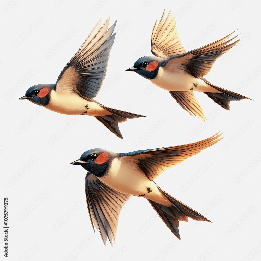Fototapeta premium Beautiful Illustration of Three Isolated Birds in Flight Over a White Background, Showcasing Detailed Feathers and Graceful Movements, Perfect for Animal Lovers