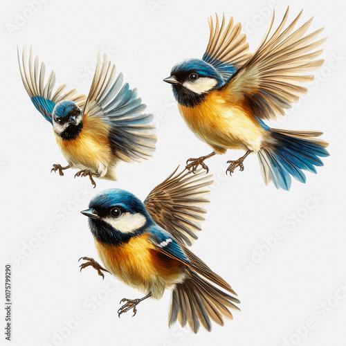 Vibrant Illustration of Birds in Flight, Showcasing Colorful Plumage and Detailed Wing Movement Against a Clean White Background