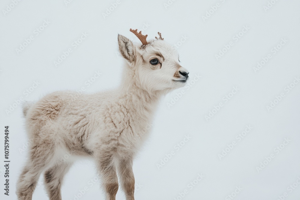 Obraz premium the beside view baby Reindeer standing, left side view, low angle, white copy space on right, Isolated on White Background