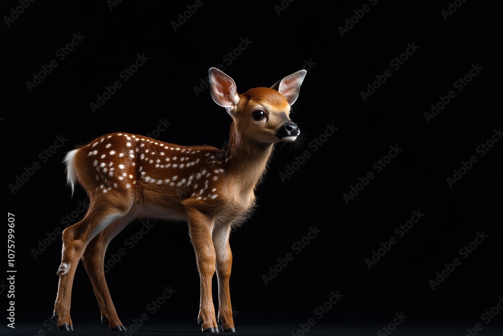 the beside view baby Red Deer standing, left side view, low angle, white copy space on right, Isolated on black Background the beside view baby Red Deer standing, left side view, low angle, white copy space on right, Isolated on black Background