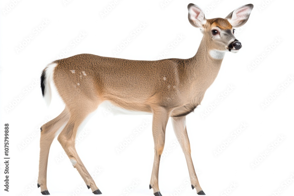 the beside view baby White-tailed Deer standing, left side view, low angle, white copy space on right, Isolated on White Background the beside view baby White-tailed Deer standing, left side view, low angle, white copy space on right, Isolated on White Background