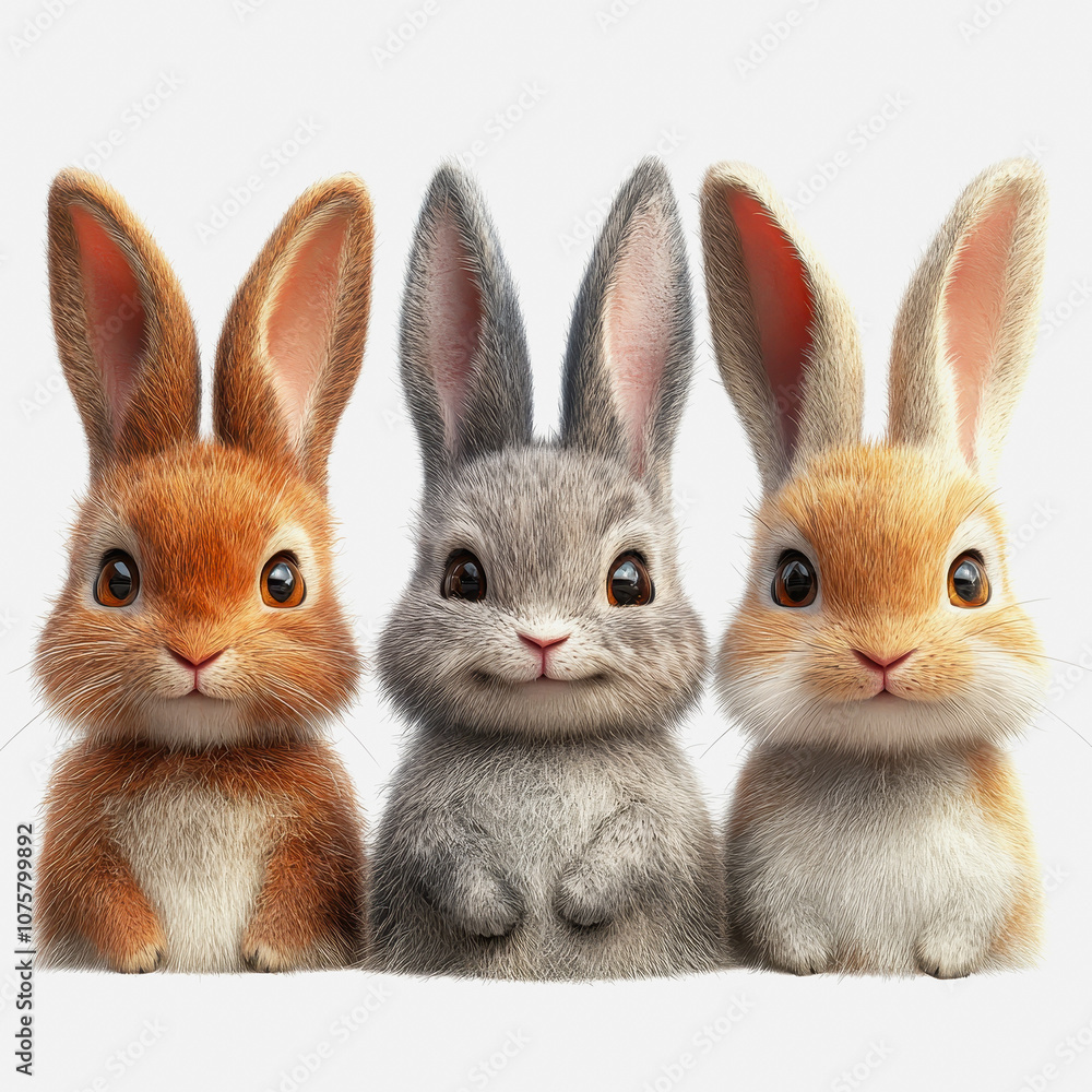 Adorable Illustration of Three Cute Bunny Rabbits with Fluffy Fur, Isolated on White Background, Perfect for Animal Portraits and Children's Art Projects Adorable Illustration of Three Cute Bunny Rabbits with Fluffy Fur, Isolated on White Background, Perfect for Animal Portraits and Children's Art Projects
