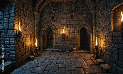 A dimly lit stone hallway in a medieval castle, lit by flickering torches photo