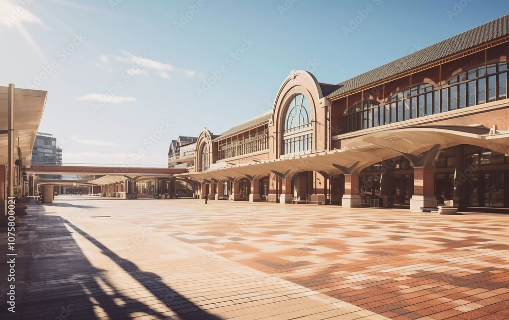 Fototapeta premium A spacious, modern architectural structure with sunlight casting shadows on the pavement.