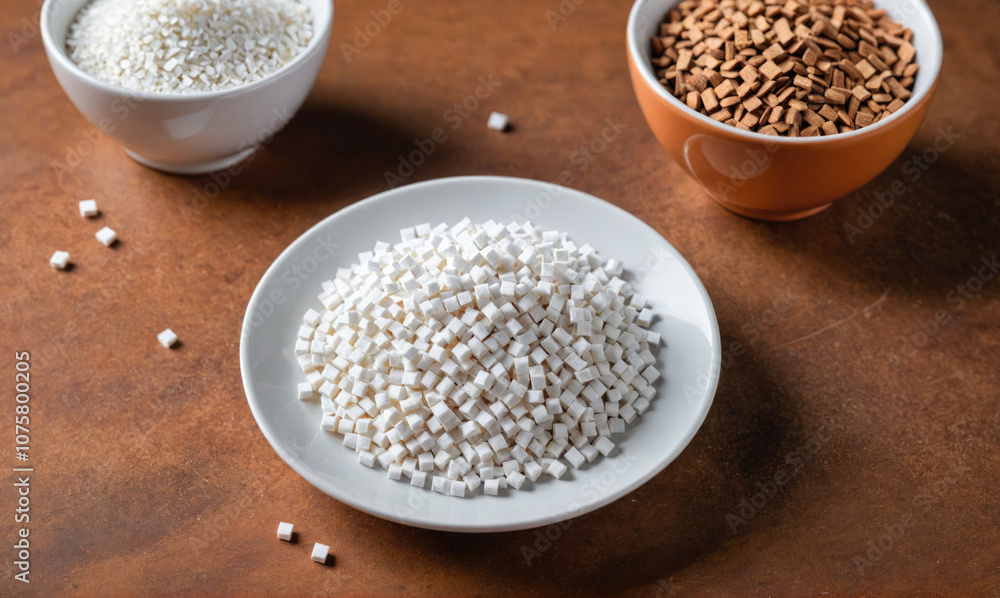 White cube-shaped granules are piled in a white dish on a brown surface White cube-shaped granules are piled in a white dish on a brown surface