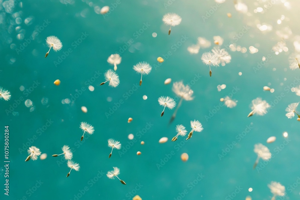 Dandelions fluttering above a turquoise background Dandelions fluttering above a turquoise background