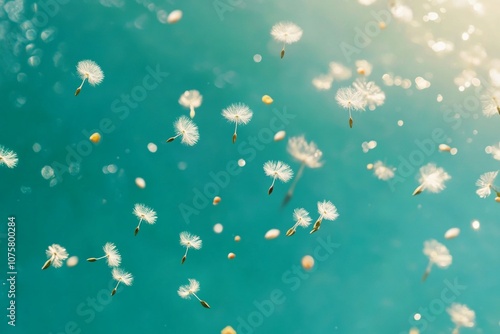 Dandelions fluttering above a turquoise background