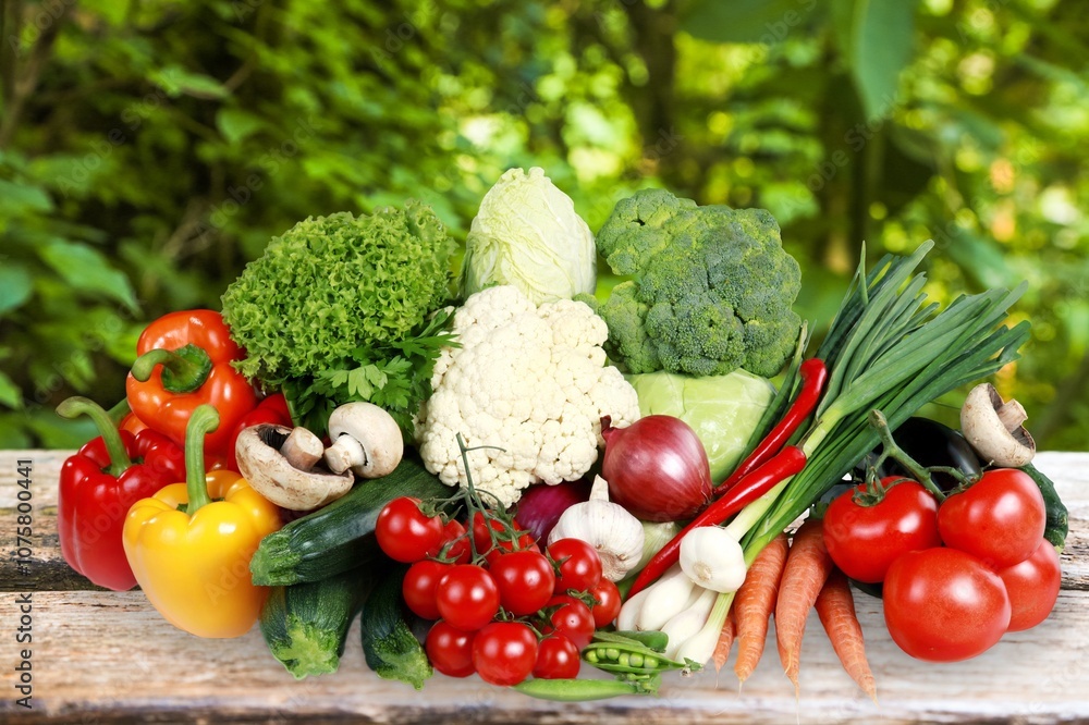 Tasty fresh ripe vegetables and fruits on the desk Tasty fresh ripe vegetables and fruits on the desk