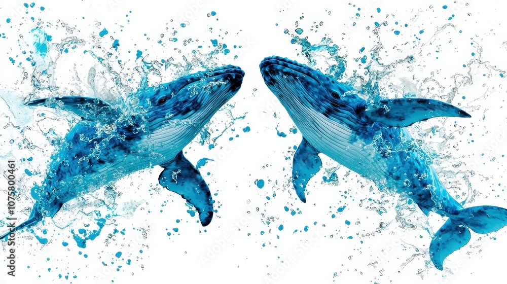 Fototapeta premium Blue Whales Splashing in Watercolor Style
