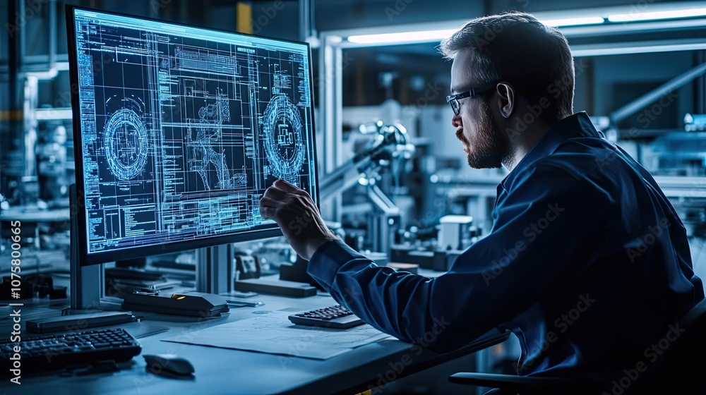 Engineer Examining Digital Blueprint on Computer Monitor Engineer Examining Digital Blueprint on Computer Monitor