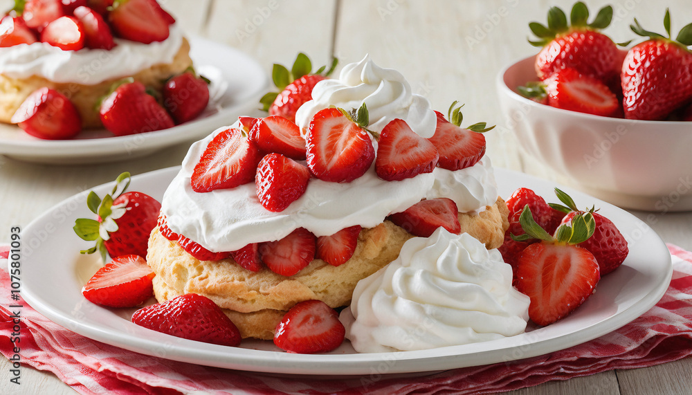 Strawberry shortcake, sweet biscuits topped with fresh strawberries and whipped cream. Suitable for marketing or business purposes Strawberry shortcake, sweet biscuits topped with fresh strawberries and whipped cream. Suitable for marketing or business purposes
