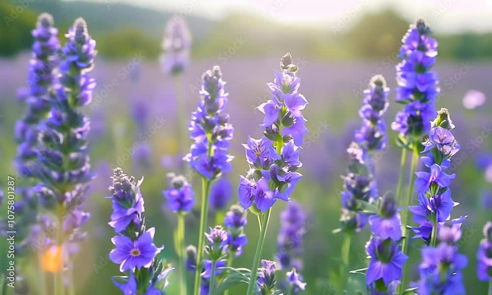 Slow motion effect, beautiful violet flowers growing on essential garden with lavandule in countryside Slow motion effect, beautiful violet flowers growing on essential garden with lavandule in countryside