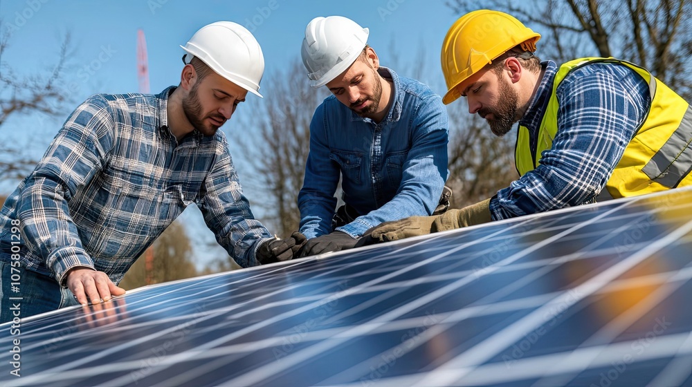 Three Construction Workers Examining a Solar Panel Three Construction Workers Examining a Solar Panel