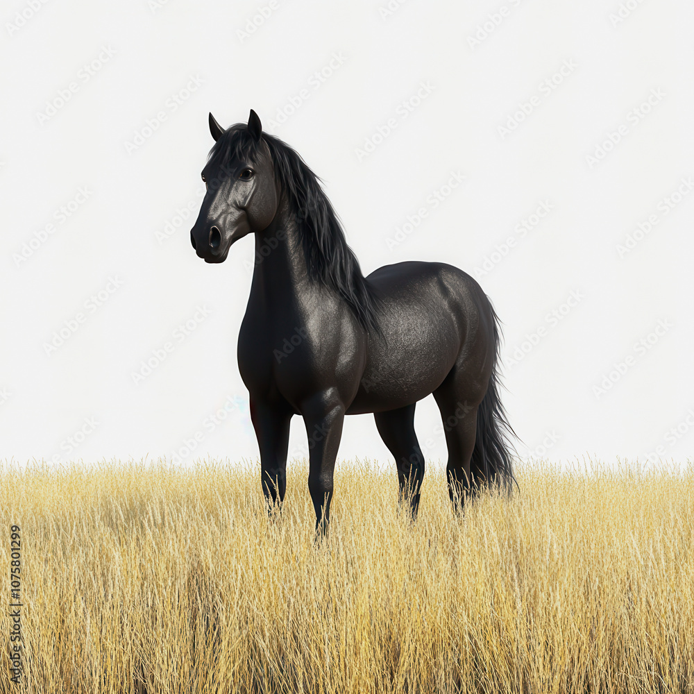 Fototapeta premium Elegant Black Horse Standing Gracefully in a Golden Field Against a Bright White Background, Captured in a Stunning Illustration for Visual Appeal