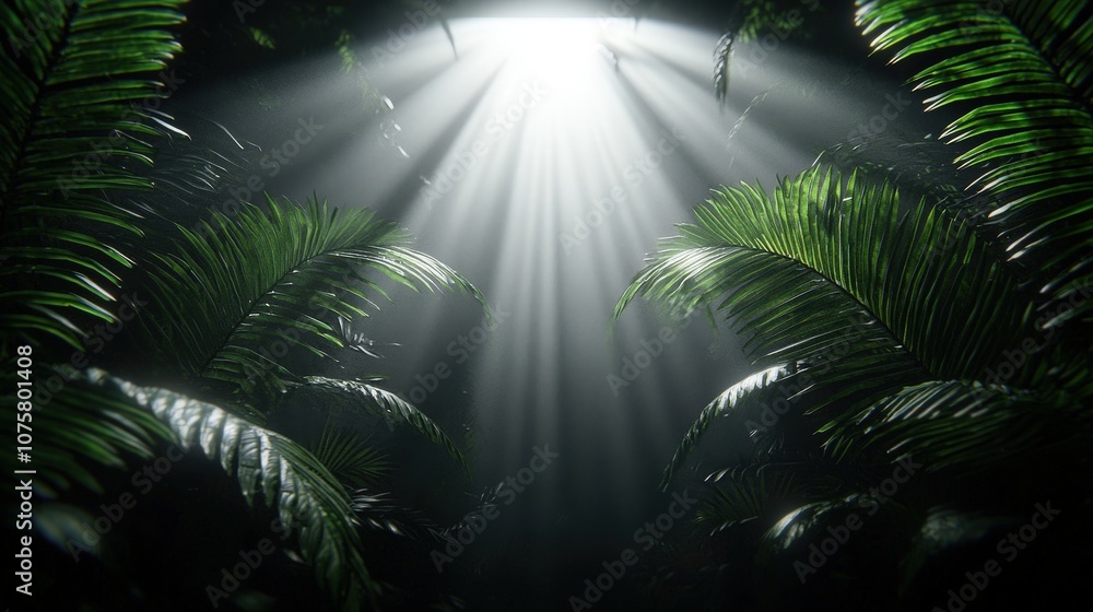 Sunlight Through Palm Leaves in Lush Tropical Forest Sunlight Through Palm Leaves in Lush Tropical Forest