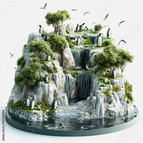 Illustration of a Penguin Colony on a Rocky Island with Waterfall and Vegetation, Isolated on White Background, Perfect for Animal-Themed Projects photo