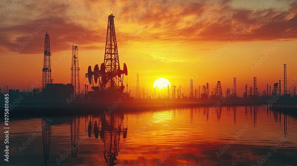 Obraz premium drilling derricks from oil field shadow at sunset crude oil industry petroleum 