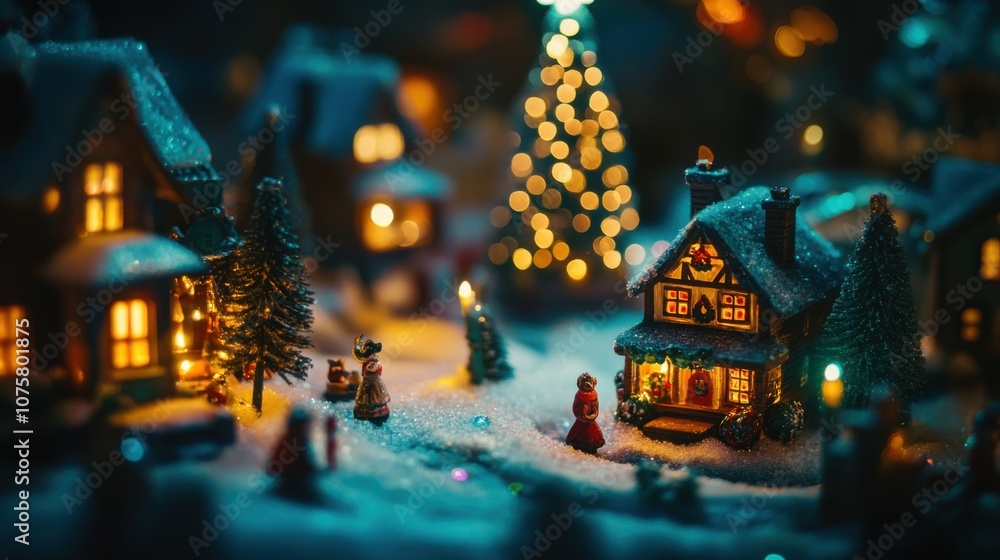 A Christmas village illuminated by lanterns and colorful holiday A Christmas village illuminated by lanterns and colorful holiday