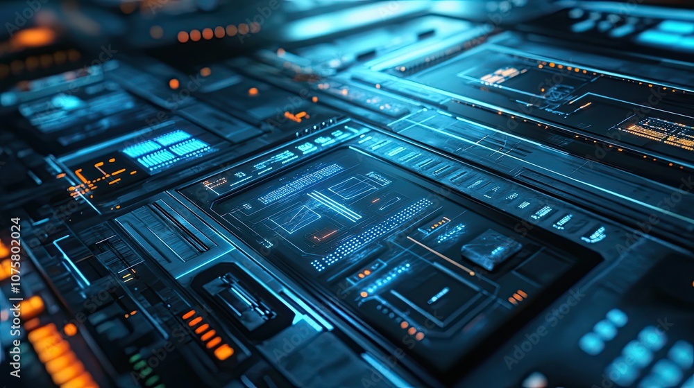 Fototapeta premium Close-up of a Futuristic Digital Interface with Glowing Blue and Orange Lights