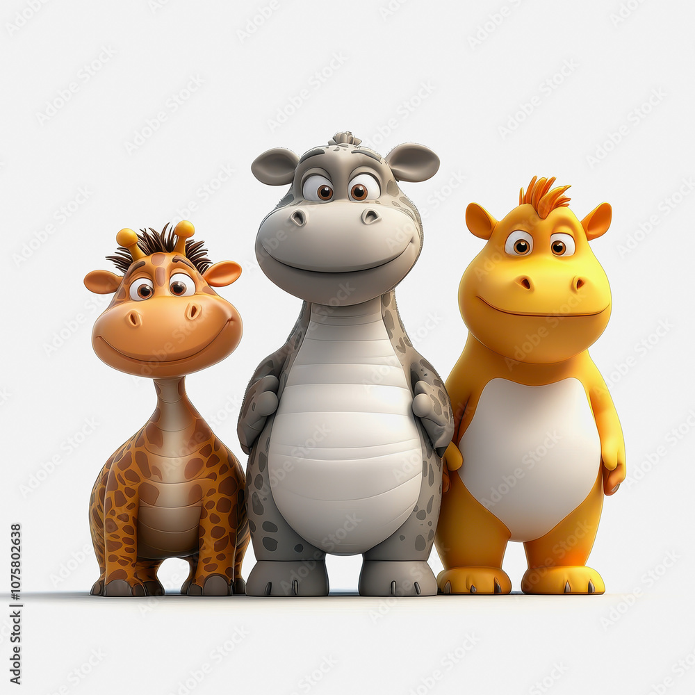 Fototapeta premium Playful Illustrations of Adorable Cartoon Animals Ideal for Wildlife and Safari Themes, Featuring a Giraffe, Hippopotamus, and Dragon Character Design