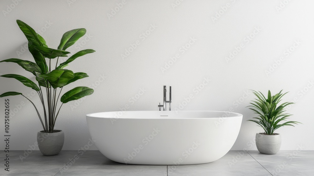 Fototapeta premium Modern Minimalist Bathroom Interior Design with Freestanding Bathtub and Plants