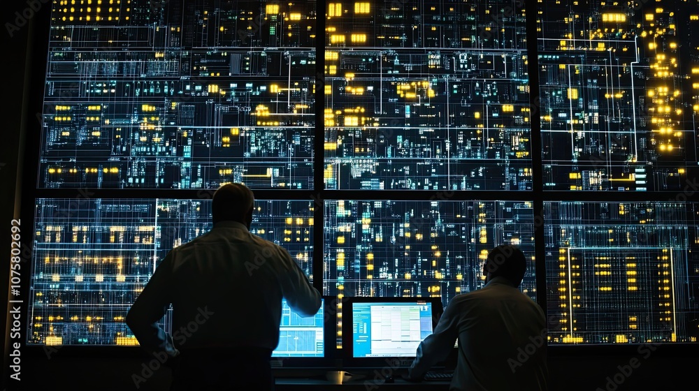 Two Men Monitoring a Large Array of Screens with Data and Graphs Two Men Monitoring a Large Array of Screens with Data and Graphs