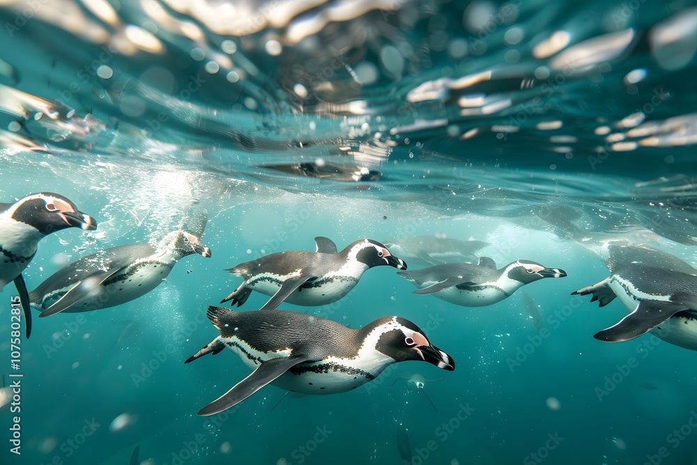 Obraz premium Penguins swimming freely in the ocean, captured in an underwater shot, highlighting their natural grace