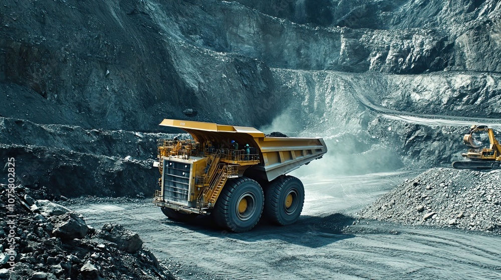 A Large Yellow Mining Dump Truck Driving Through a Quarry A Large Yellow Mining Dump Truck Driving Through a Quarry