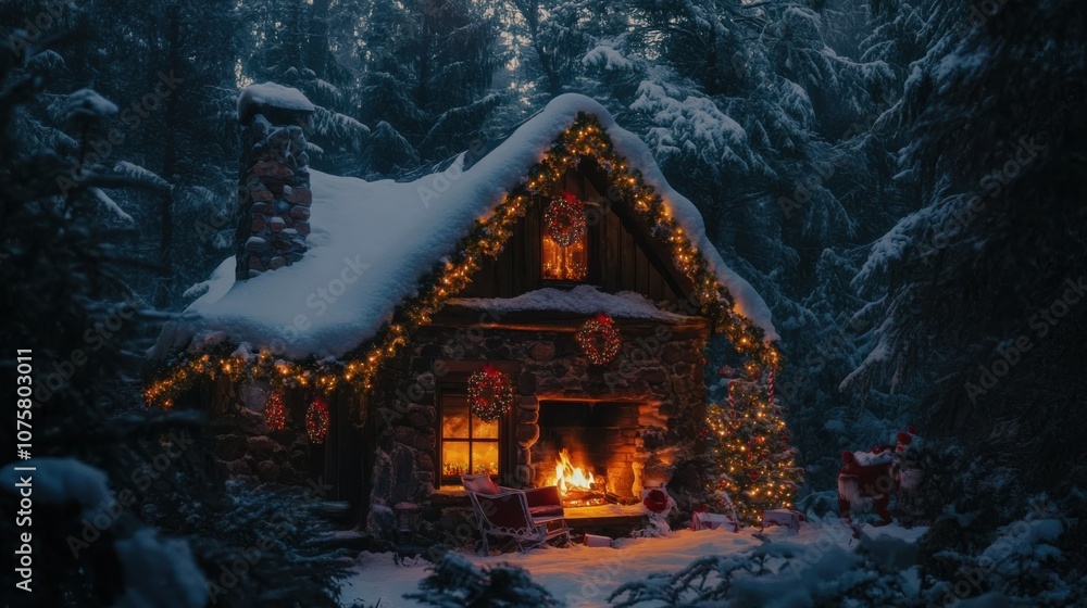 Obraz premium A cozy North Pole cabin, Santa's house, with a roaring