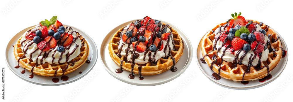 Delicious Waffles with Berries and Cream Isolated View Delicious Waffles with Berries and Cream Isolated View