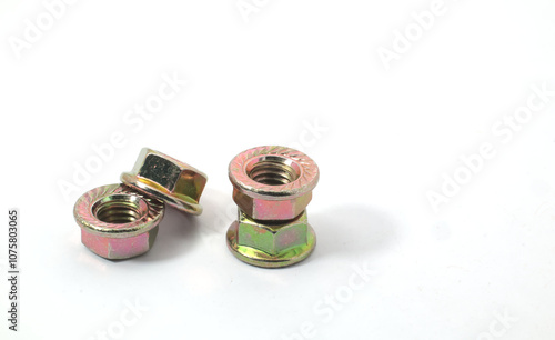 Front view of 4 flange nuts on white background. Part for mechanical or wood work.