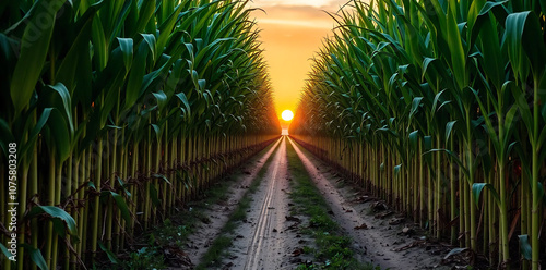 a corn plantation with a clear dirt path running alongside it