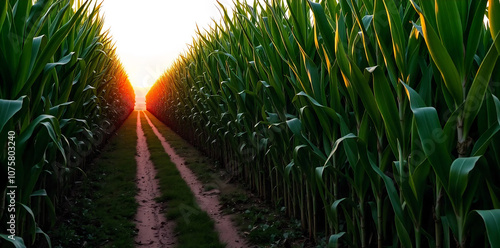 a corn plantation with a clear dirt path running alongside it