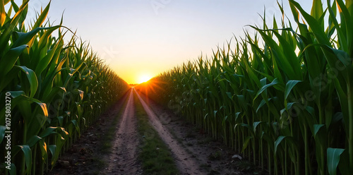 a corn plantation with a clear dirt path running alongside it
