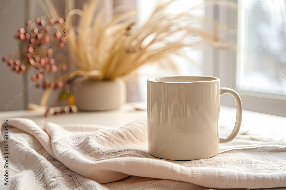 A serene scene featuring a white mug on a textured cloth, with soft natural light and elegant dried flowers in the background. A serene scene featuring a white mug on a textured cloth, with soft natural light and elegant dried flowers in the background.