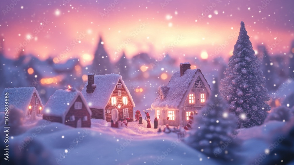 A dreamy Christmas village at dawn, with a pink and purple sky A dreamy Christmas village at dawn, with a pink and purple sky