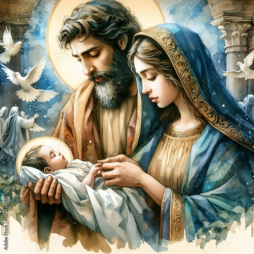 Watercolour Illustration of Maria, Joseph and baby Jesus, family christmas bethlehem birth merry night religion nativity mary holiday christ illustration mother christianity