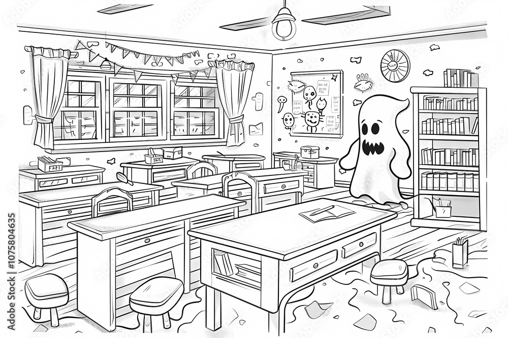 Fototapeta premium A playful classroom scene featuring a friendly ghost amidst scattered papers and books, creating a whimsical atmosphere perfect for kids.
