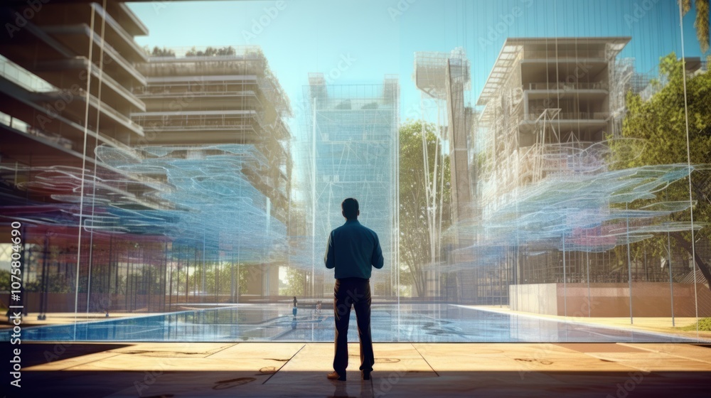 Obraz premium Man Looking at Futuristic Cityscape Through Glass Panel