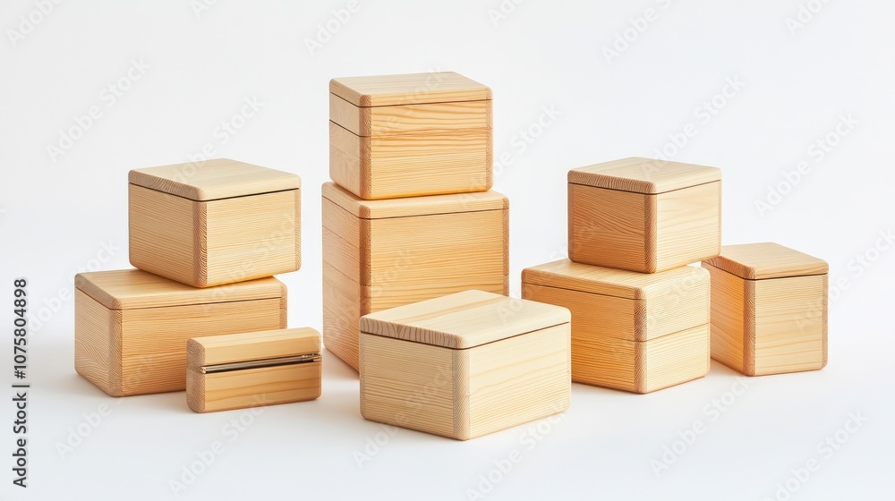Wooden Boxes Arrangement on White Background Wooden Boxes Arrangement on White Background