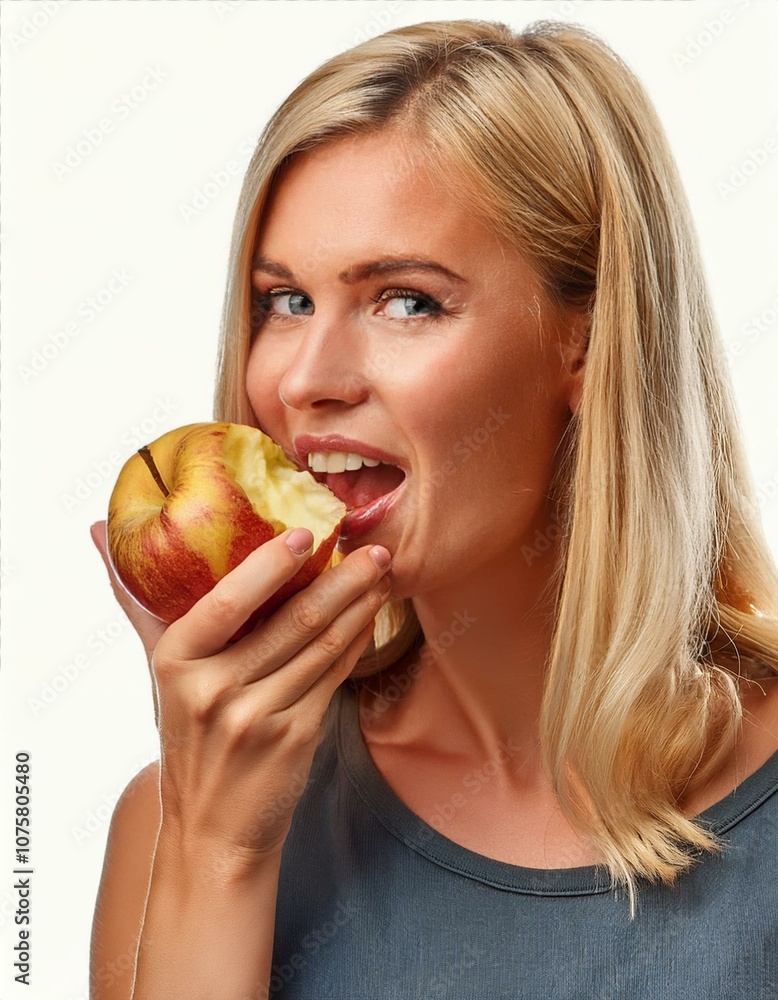 beautiful blond Caucasian woman eating apple, AI generated beautiful blond Caucasian woman eating apple, AI generated