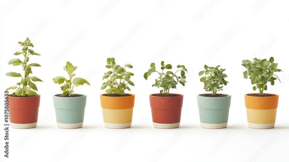 Colorful Herb Pots on a White Surface Colorful Herb Pots on a White Surface